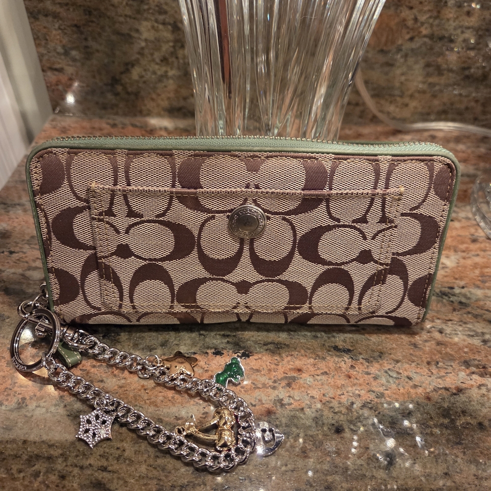 Coach Beige and Brown Signature Wallet with Coach Charm Wristlet
